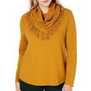 Style & Co SC Ginger Fringed Scarf Cowl Neck Sweater